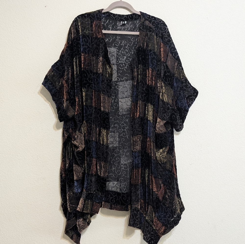 Dress To Kill Jane Mohr Burnout Velvet Patchwork Design Kimono Open Front Duster